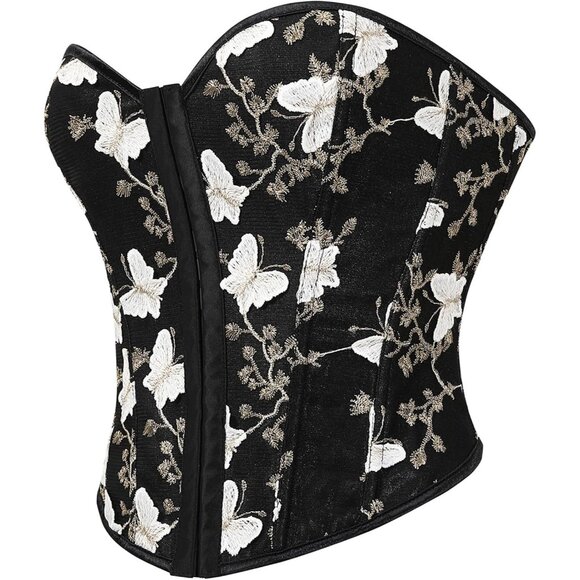 Women Black Floral  Lace Up Boned Overbust Corset Top Bustier Lingerie Bodysuit - Picture 6 of 6
